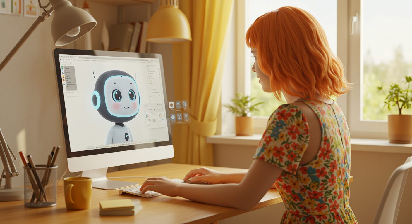 パソコンの前に座っている人と、画面上のAIアシスタントが対話しているイメージ。明るく希望に満ちた雰囲気のもの