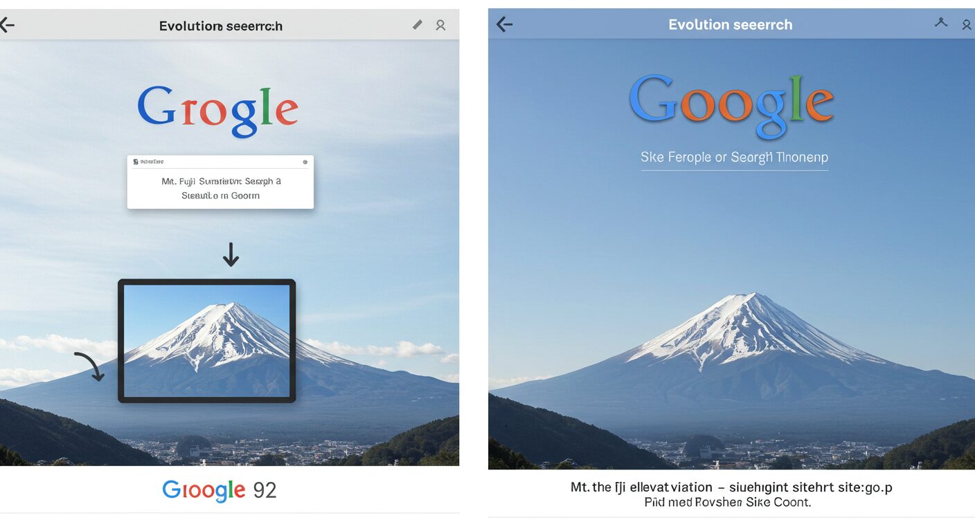 Google検索の進化を表す画像。左側に単純な検索(例:「富士山」)、右側により高度な検索(例:「富士山 標高 -観光 site:go.jp」など)を示す画面キャプチャやイラスト