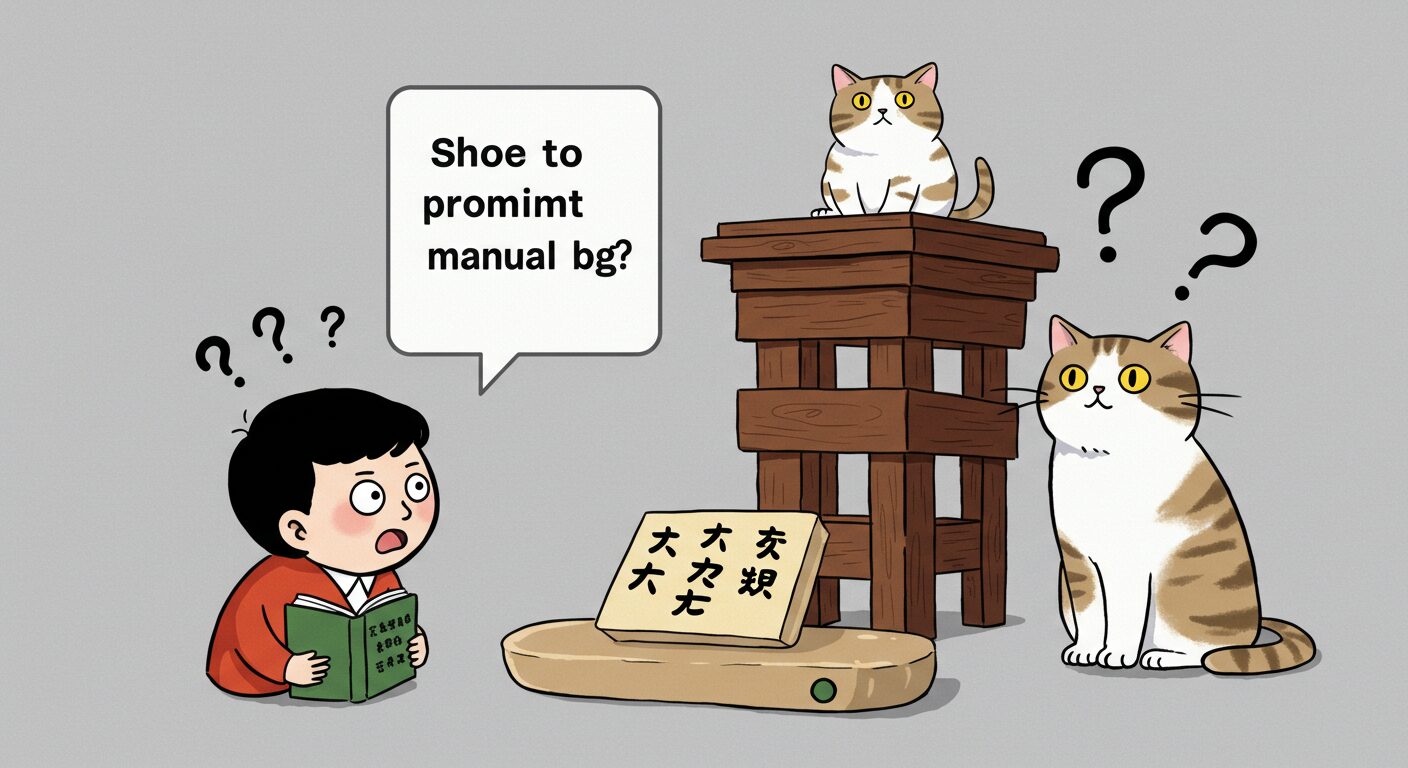 「猫に小判」を表す画像。例えば、高額なプロンプト集やマニュアルを前に困惑している初心者のイラスト。または、実際に小判を前にして困惑している猫のイラスト