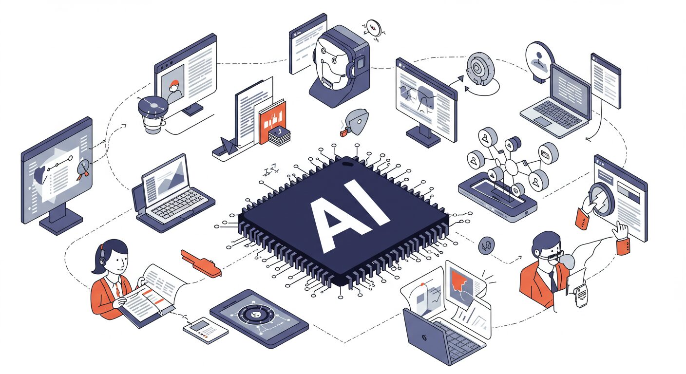 「AIの様々な活用法」を表す画像。例えば、プログラミング、文章作成、語学学習、イラスト作成など、異なる用途でAIを活用する様子を小さなイラストで並べたもの