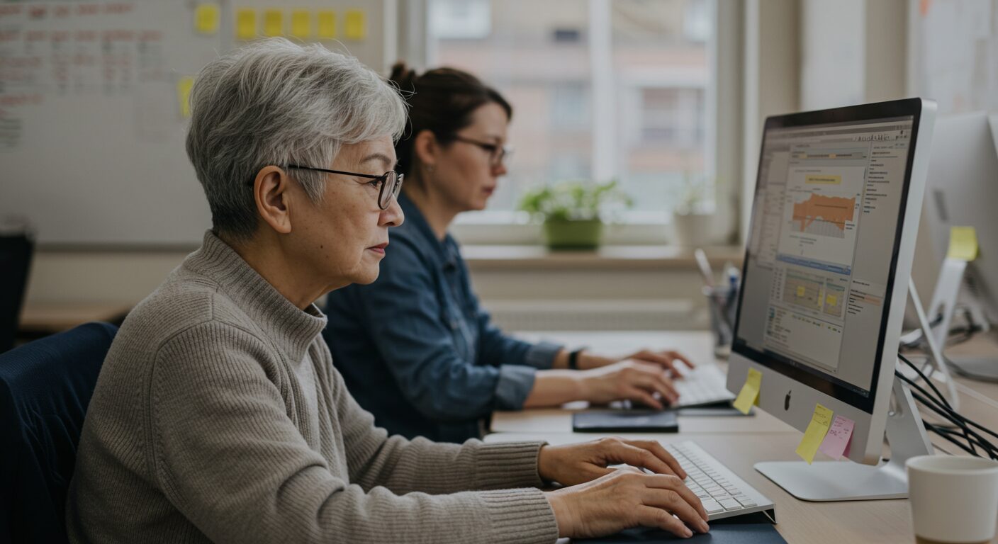 自分のペースでパソコンに向かう50代〜60代の方の横顔。リラックスした雰囲気で、焦らず学んでいる様子。