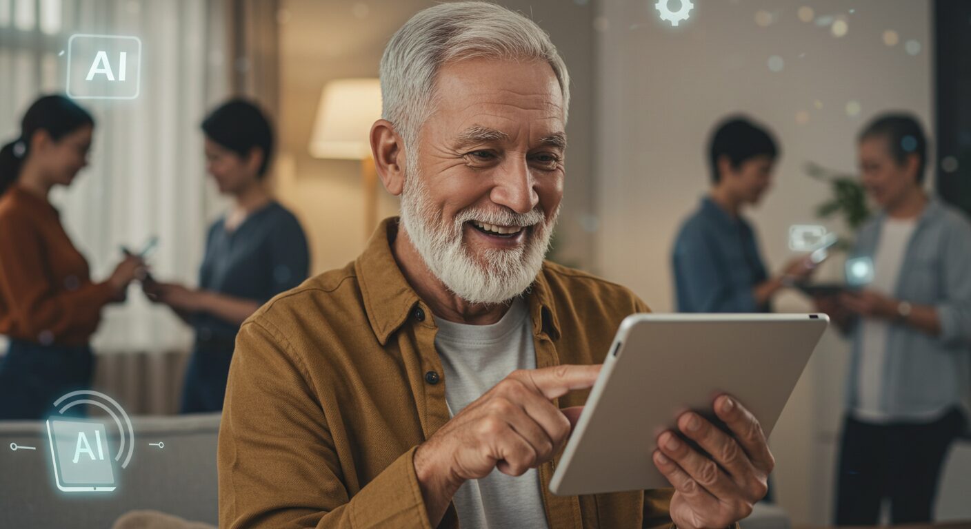 楽しそうに笑顔でスマートフォンやタブレットを操作するシニアの方。AIに興味を持ち、楽しんでいる様子が伝わる明るい雰囲気