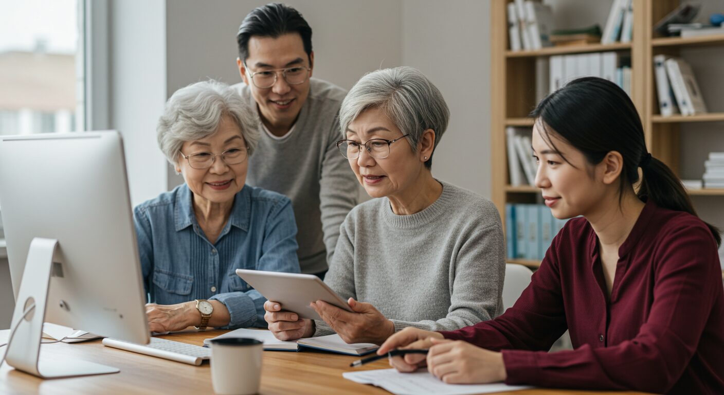 異なる世代が一緒に学んでいる様子。50〜60代の方と若い世代が一緒にパソコンやタブレットを見ながら交流している場面。世代を超えた学びを表現する温かみのある写真