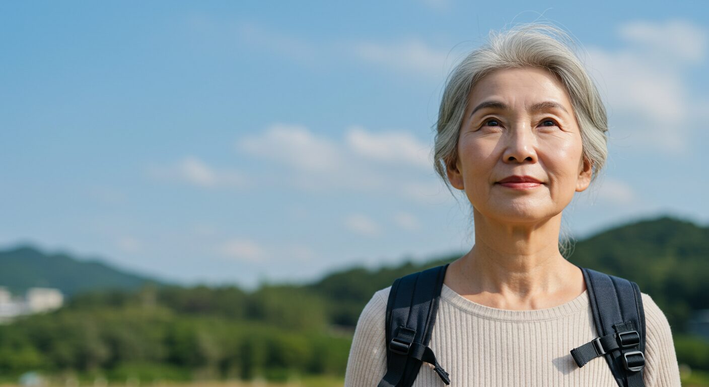 穏やかな表情で前を見つめる50〜60代の方の写真。未来に向かって一歩ずつ進む決意や希望が感じられる構図。明るく前向きな雰囲気の写真