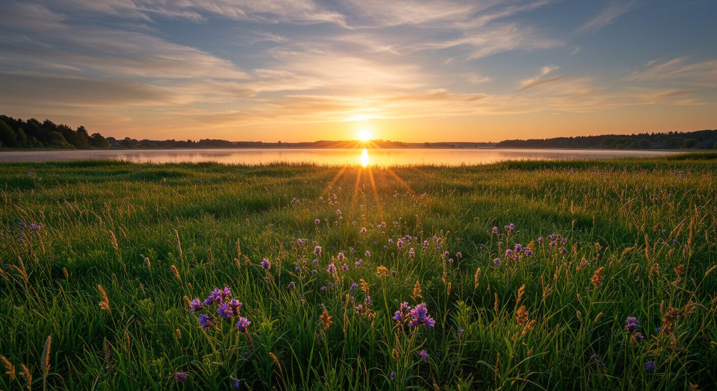 夕日や朝日を背景に、新しい一日の始まりを表現するような爽やかな風景写真。新たな挑戦への希望を感じさせる明るく前向き